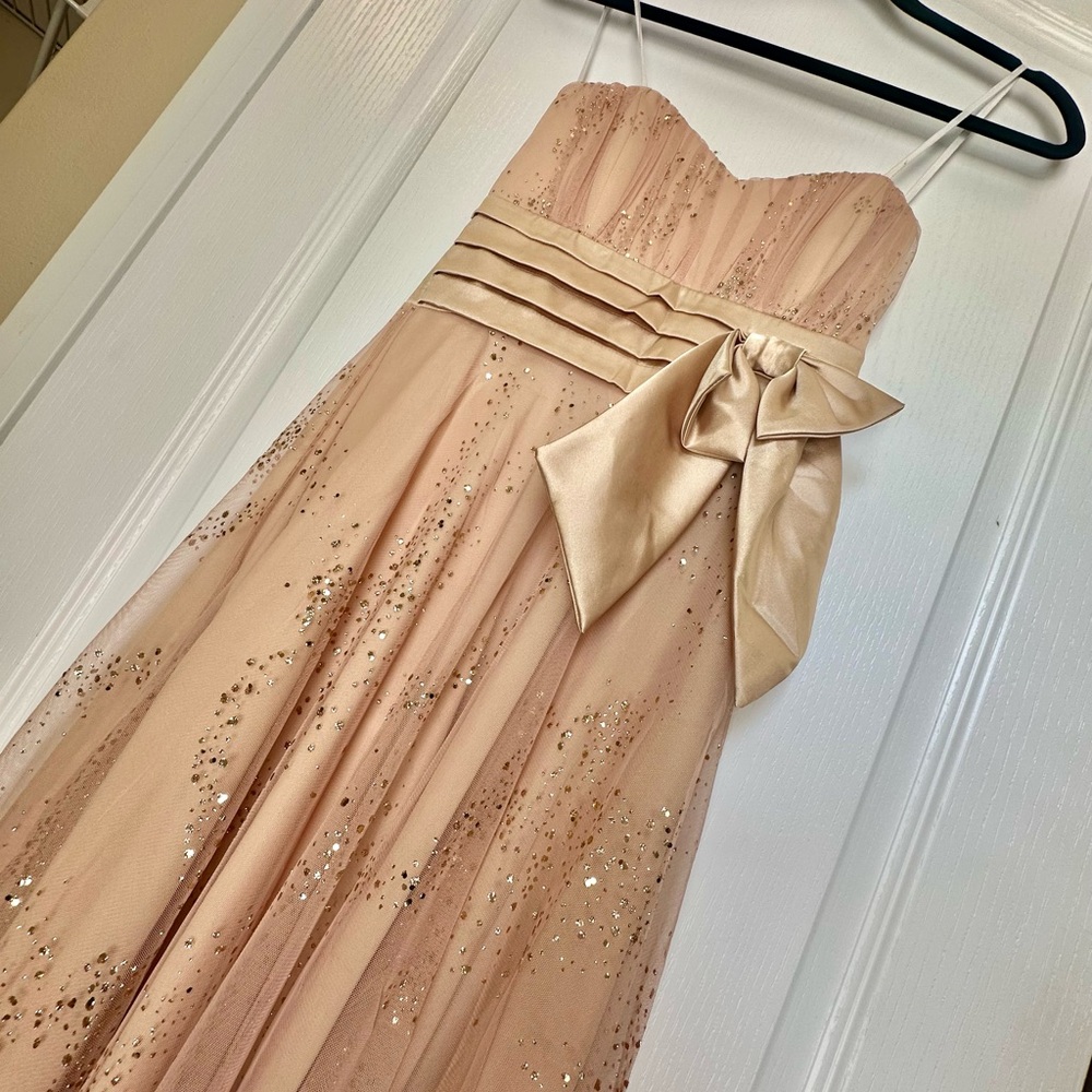 Gold glitter chiffon strapless formal dress